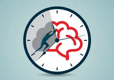 Illustration of a brain on a clock with a figure of a man moving the clock arms Illustration of a brain on a clock with a figure of a man moving the clock arms